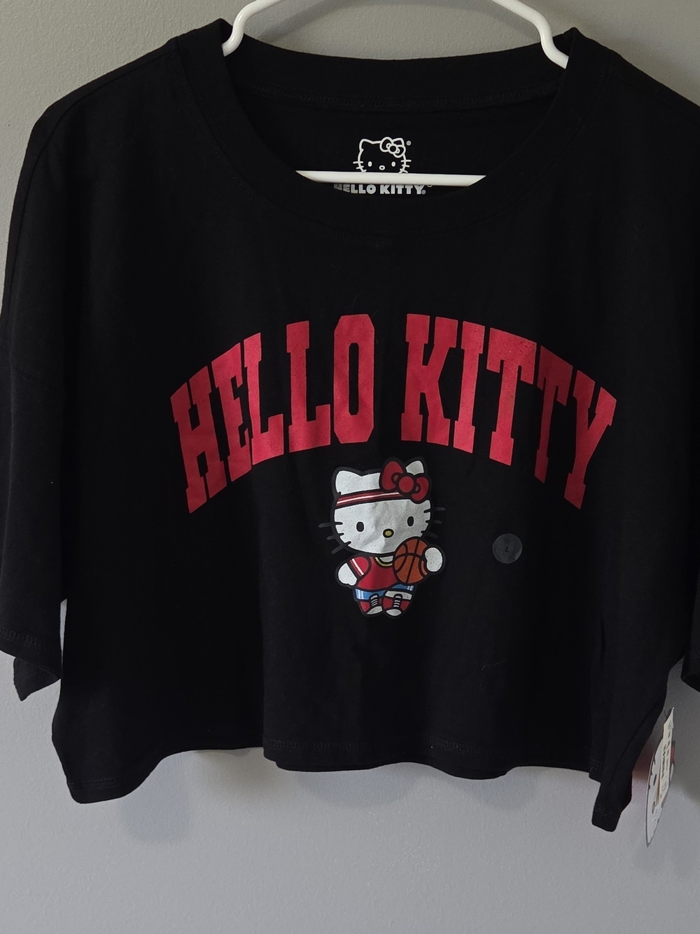 Hello Kitty Cropped Black Tee with Basketball Graphic Oversized Fit L